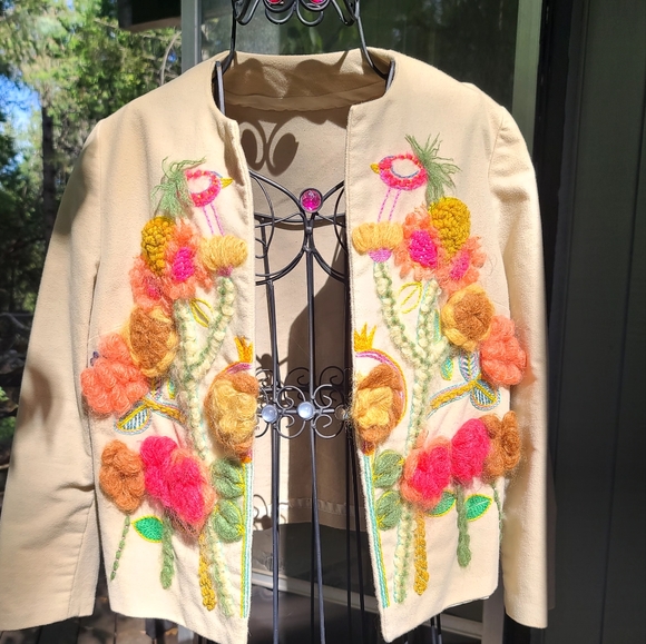 Vintage handmade floral embroidery tan/camel suit jacket lined szS/M - Picture 2 of 10